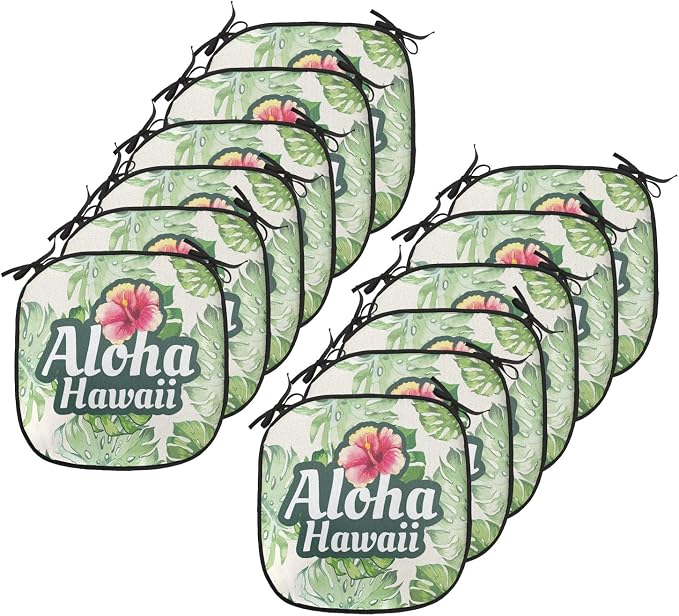 Lunarable Hawaiian Chair Cushion Pads Set 12, Monstera Leaves Tropic Plants Leaves Humid Weather Summer Travel Destination, Anti-Slip Seat Padding for Kitchen & Patio, 16"x16", Green Pink Cream