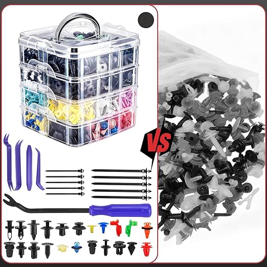 1240PCS Auto Retainer Clips Kit with Trim Removal Tools and 3-Layer Organizer Box, 32 Sizes Push Rivets Fasteners for Car Bumper, Fender, Door Panel and Interior Repair