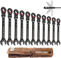 ironcube Black Ratcheting Combination Wrench Set: 11-Piece SAE 1/4–3/4 Inch – 180° Flex Head & 72-Tooth – CR-V Steel – Retro Waxed Canvas Roll for Motorcycle & Automotive Repair Tools