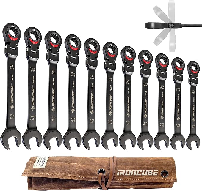 ironcube Black Ratcheting Combination Wrench Set: 11-Piece SAE 1/4–3/4 Inch – 180° Flex Head & 72-Tooth – CR-V Steel – Retro Waxed Canvas Roll for Motorcycle & Automotive Repair Tools