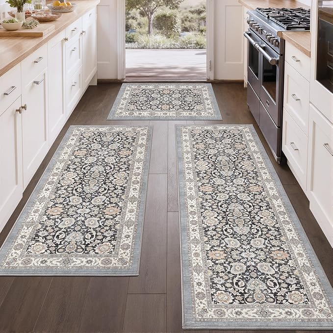 Color&Geometry Vintage Kitchen Rugs Sets of 3, Machine Washable 4mm Ultra Thin Stain Resistant Kitchen Floor Mats, Non Slip TPE Backing Runner for Sink,Hallway,Laundry,Entryway (2x3+2x5+2x7)