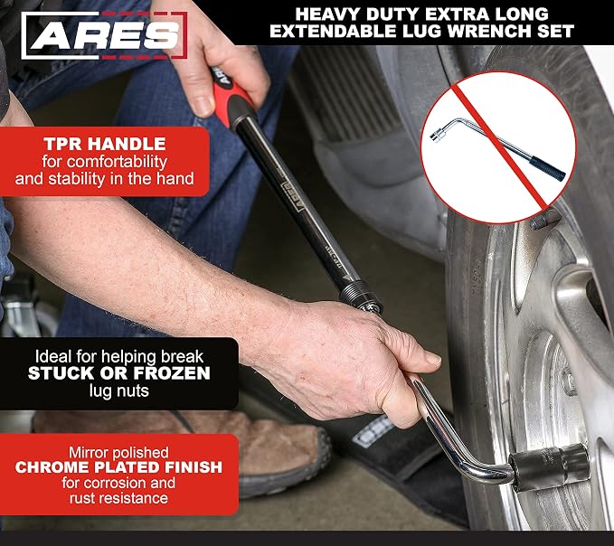 ARES 57001 Telescoping Lug Wrench, Extends 17.5-23.5 Inches | High-torque design; includes 2 double-sided 6-point sockets for broad vehicle coverage.
