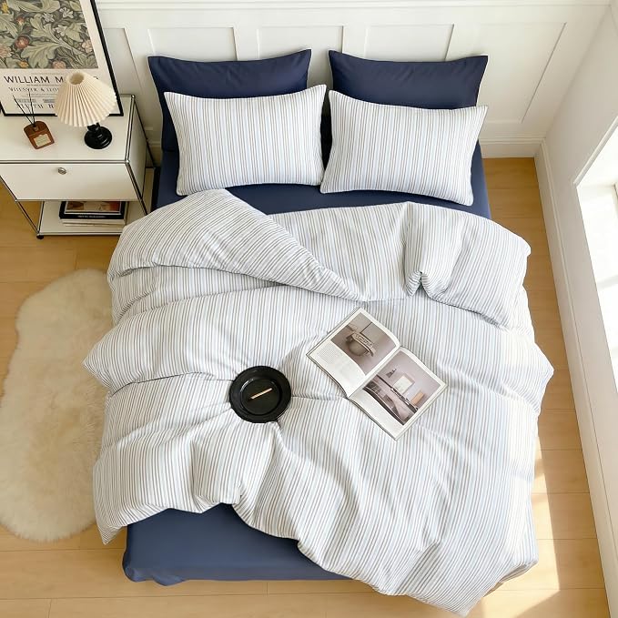 Sedefen Blue Striped Duvet Cover 3 Pcs, Grey White Stripe Bedding Set with 2 Pillowcases, Modern Minimalist Stripes Soft Breathable Microfiber Duvet Cover Set for All Season