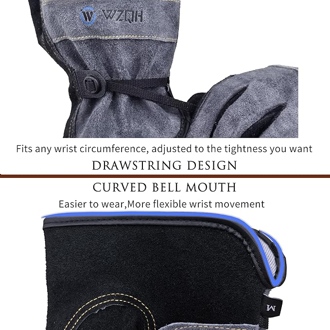 WZQH Leather Work Gloves for Men or Women. XX-Large Glove for Gardening, Tig/Mig Welding, Construction, Chainsaw, Farm, Ranch etc. Cowhide, Cotton Lined, Utility, Firm Grip, Durable. Grey-Black 2XL