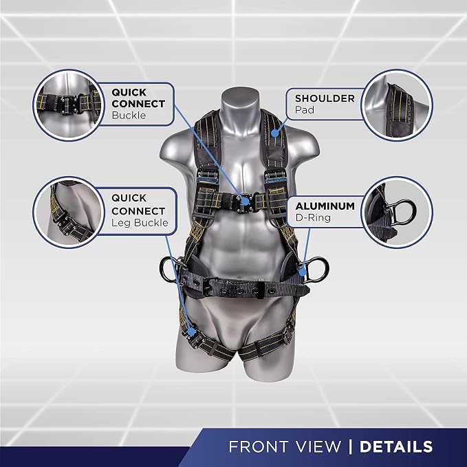 Hammerhead 5pt Safety Harness Back Padded, QCB Chest, Tongue Buckel Legs Straps, Back & Side D-Rings
