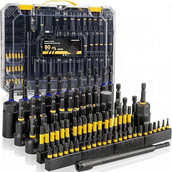 80 Pcs Magnetic Nut Driver Set & Impact Socket Set, Master S2/Cr-V Drill Sockets with Metric & SAE, 1/4" Hex Shank Bits, Extension Holder, Heavy-Duty Organizer Case, Tools Gift for Men