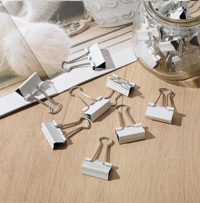 Jetec 300 Pack 1in/25mm White Metal Binder Clips Bulk Medium Reusable Fold Back Binder Clips Paper Clamps Spring Steel Sturdy for Home Office School Supplies