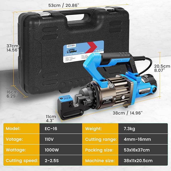 Anbull 1000W Electric Hydraulic Rebar Cutter, Cutting up to 5/8 Inch 4-16mm #5 Rebar, with Replaceable Jaw Blades, Cutting Speed 2-2.5S (EC-16)