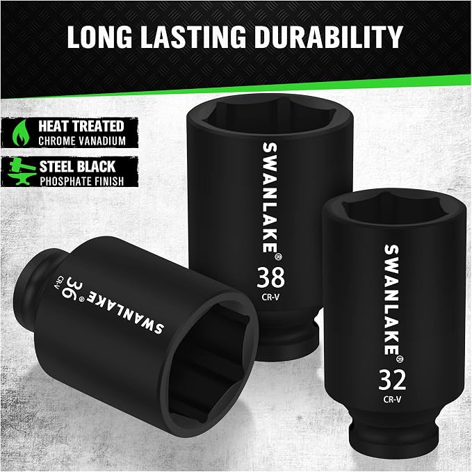 SWANLAKE 9-Piece 1/2" Impact Axle Nut Socket Set, Deep Metric Large Socket Set, 29mm 30mm 31mm 32mm 33mm 34mm 35mm 36mm 38mm, Cr-V Spindle Joint High Torque Wheel Nut Sockets