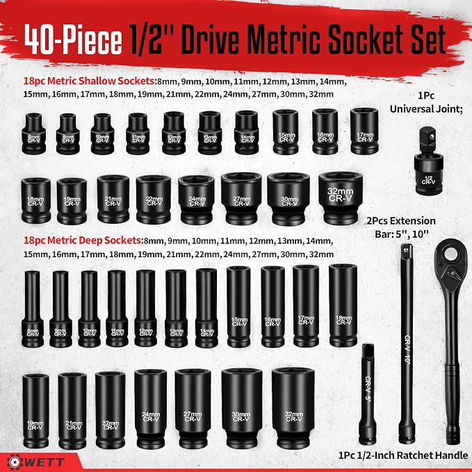 WETT 1/2" Drive Impact Socket Set, 40Pcs Metric Socket Wrench Set (8-32mm), Heavy Duty Standard Sockets Assortment, Deep/Shallow, 1/2-Inch Ratchet Handle, 5", 10" Extension Bar, Universal Joint