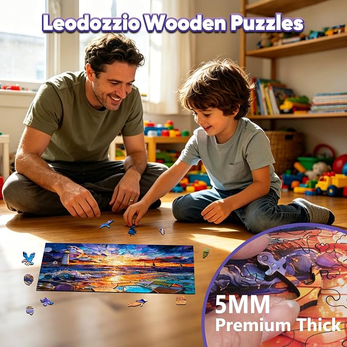 Leodozzio Sunset Lighthouse Wooden Jigsaw Puzzles 500 Pieces, Stained Glass Puzzle, 5MM Thick Unique Shaped Ocean Wooden Puzzle for Adults, Nautical Art Gift, Family Game, 10.7x19 Inch
