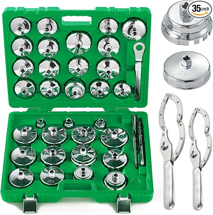 35PCS Oil Filter Wrench Set, 1/2" Drive Cup Type, Stainless Steel | 35PCS oil filter wrench set, stainless steel, 1/2" drive, cup type, with drain plug sockets, fits most cars & SUVs.
