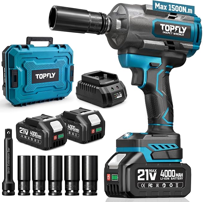 Impact Wrench 1500N.m(1106Ft-lbs) Brushless, 1/2 High Torque Impact Gun with 2x4.0Ah Batteries, Cordless Impact Wrench, 4 Variable Speeds, 3500RPM Impact Driver for Car/Heavy Truck/Pickup