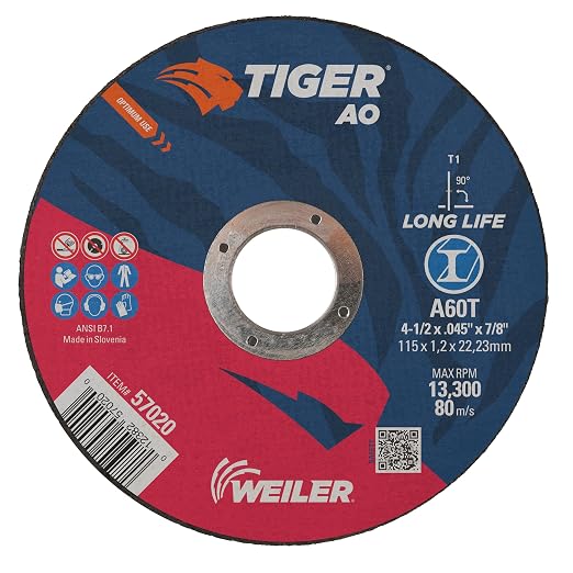 Weiler 57020 4-1/2 Inch Cutting Wheel, Tiger AO Steel/Metal Long Life Performance Cutting, .045" A60T Type 1 7/8" Arbor, Pack of 25