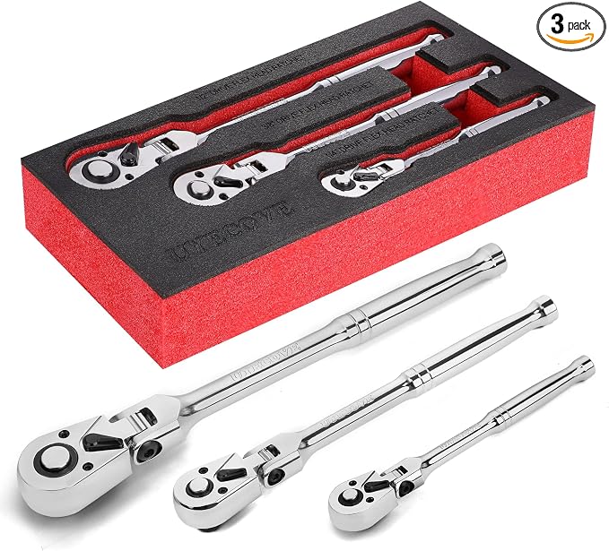 1/2 3/8 1/4 Inch Drive Ratchet Set 3Pcs Flex Head Ratchet Set | 72 Tooth Quick Release Flexible Swivel Head Socket Ratchet Wrench Set