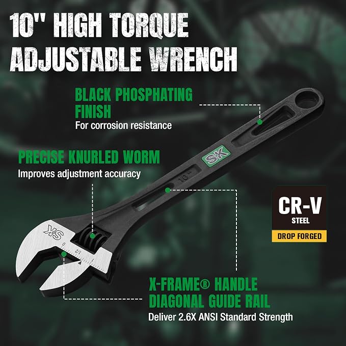 SK 10-Inch Adjustable Wrench, 2.6X ANSI Strength, Black Phosphate Finish | Heavy Duty High-Torque, 1.3'' Jaw Capacity, Premium Cr-V Steel, SAE & Metric Scale