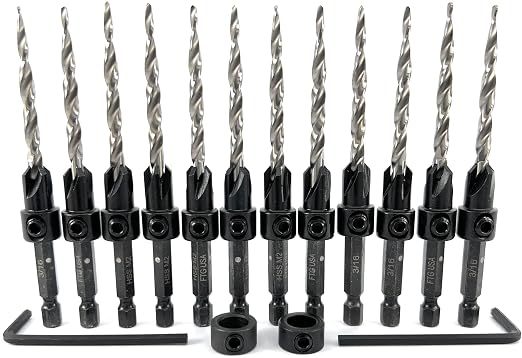 FTG USA 12 Pc #10 (3/16") Countersink Drill Bit Set with Depth Stop Collar, Hex Wrench - Tapered Drill Bits for Wood