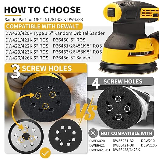 Sander Pad Replacement for Dewalt, 2 Pack 5" 8 Hole Hook and Loop Orbital Sander Metal Pads Compatible with DeWalt DW420 DW421 DW422 DW423 DW426 D26451 D26453 Orbital Sander (3 Screw Holes)