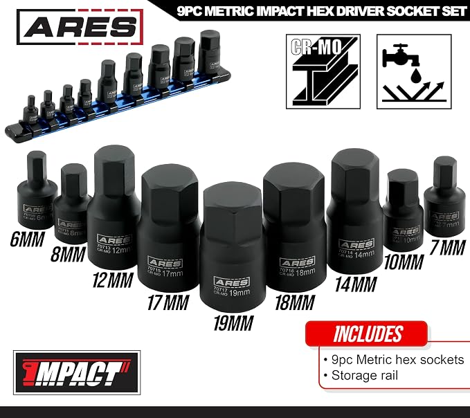ARES 70497 9-Pc Metric Impact Hex Socket Set, Chrome Moly, Rail | Manganese phosphate coating; low profile and designed for impact use.