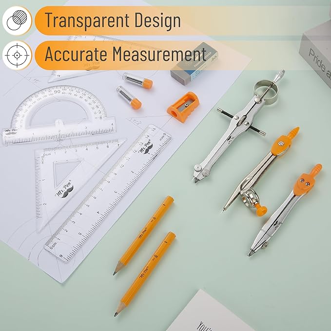 Mr. Pen- Geometry Set, 13 pcs, 3 Metal Compasses, Protractor, 6" Ruler, 45° & 30°/60° Set Squares, Pencils, Lead Refills, Sharpener & Eraser for Math, Drafting & Classroom Use