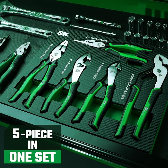 SK 5-Piece Pliers Set, Anti-slip Handle, with EVA Foam Tool Organizer | 8" Long Nose Pliers, 9.5" Linesman Pliers, 8" Slip Joint, 8" Diagonal Cutters, and 10" Water Pump Pliers