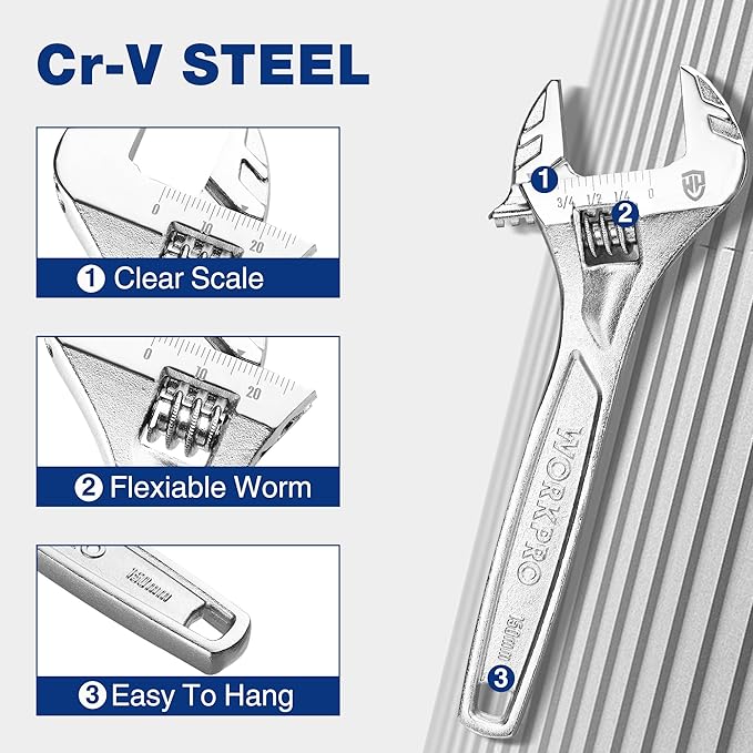 WORKPRO Adjustable Wrench, 6-inch Heavy Duty Spanner with Inch/Metric Scale, Premium Cr-V Steel, Chrome Plated