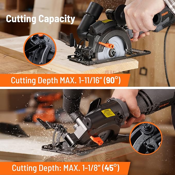 DOVAMAN Circular Saw, 5.8A 4-1/2" Circular Saw w/Laser, Metal Auxiliary Handle, 6 Blades (4½", 4¾"), Cutting Depth 1-11/16" (90°), 1-3/8" (45°), Ideal for Wood, Soft Metal, Plastic, Tile - MCS01A