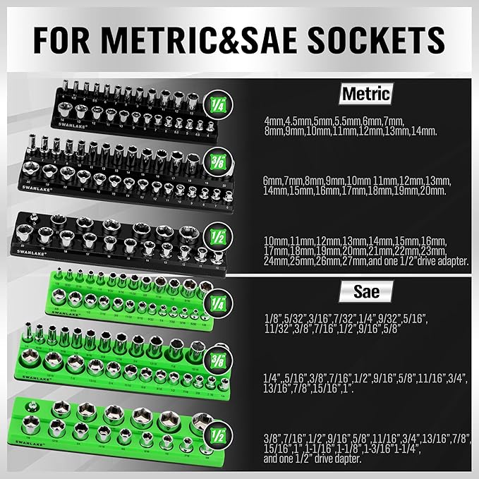 Magnetic Socket Organizer Set, 6-piece 1/4", 3/8", 1/2" SAE & Metric Sockets Holder, Drive Socket Trays, Storage Tool Box, Holding 143 Slots, Soft Rubber Covering Black Green Tools