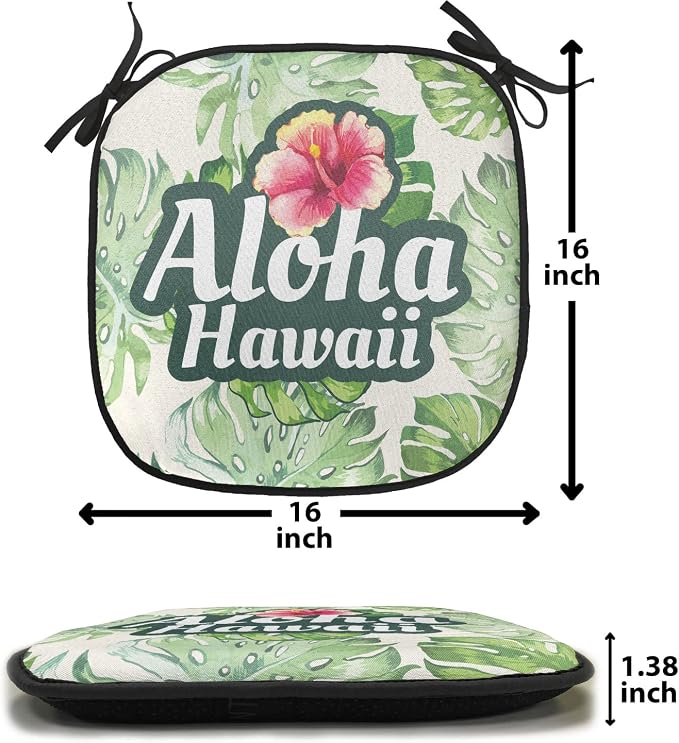 Lunarable Hawaiian Chair Cushion Pads Set of 6, Monstera Leaves Tropic Plants Leaves Humid Weather Summer Travel Destination, Anti-Slip Seat Padding for Kitchen & Patio, 16"x16", Green Pink Cream