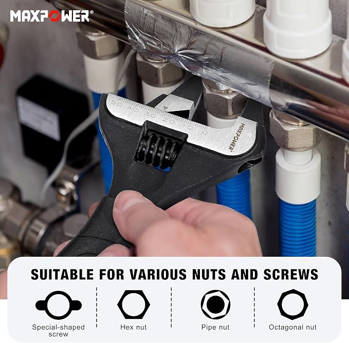 MAXPOWER Slim Adjustable Wrench Set, 6" & 10" Wide Jaw Opening, Dual Scale With Metric and SAE Plumbing Wrenches, Deep Jaw With Soft Grip Handle
