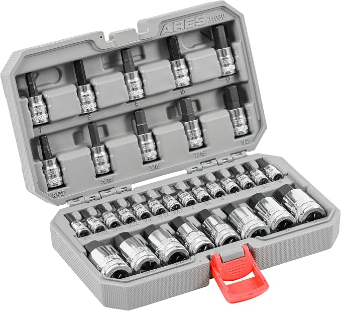 ARES 31030 32-Pc Master SAE & Metric Hex Bit Socket Set - 1/4,3/8,1/2-In | Knurled Drive Ends; Durable Latching Storage Case
