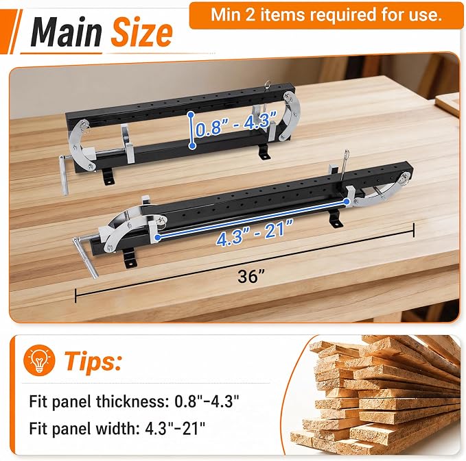 36" Panel Clamp 1 Pack with 2 U-Shaped Blocks, Fits Panels 4.3"-21" Length, 0.8" - 4.3" Thickness, Heavy Duty 4-Way Pressure Parallel Clamp with Powder-Coated Finish for Woodworking Projects
