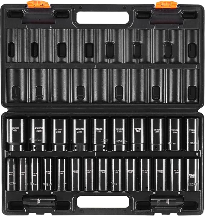 VEVOR 1/2" Drive Impact Socket Set, 26 Piece, Metric 10 to 36 mm | Deep Large Jumbo Impact Sockets, 6 Point, Cr-V, Easy-to-Read Size Markings, Rugged Construction, with Storage Case