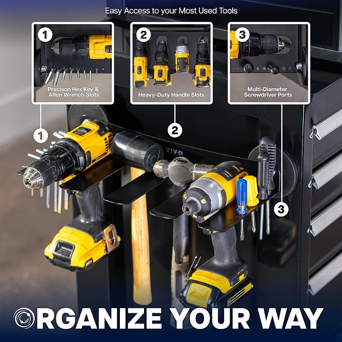 VIVO Magnetic Power Tool Organizer, Utility Storage Rack Shelf with 9 Screwdriver Holders, Wall Mount Heavy-Duty 4 Cordless Drill Holder, Removable Tool Rack for Garage, Workshop, Black, MOUNT-MAGPT1