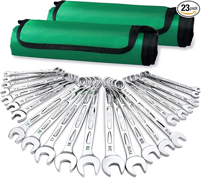 SK Combination Wrench Set, SAE 5/16''-3/4'', Metric 8-19mm, 23-Piece | 12-Point, SureGrip Drive Design, 15-Degree Offset End, Drop Forged CR-V Steel, SuperKrome Finish, with Rolling Pouch