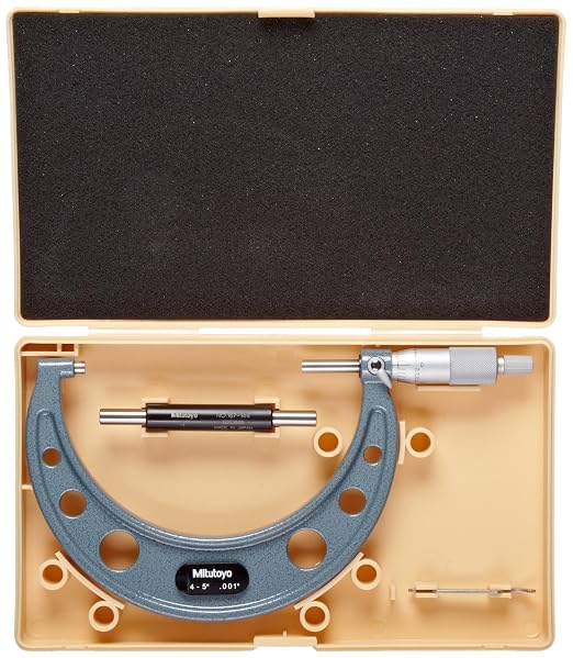Mitutoyo 103-181 Outside Micrometer, Ratchet Stop, Carbide-Tipped Measuring Faces, 5 inch Range, 0.001 inch Graduation, Hammertone Enamel Frame for Precision Outside Dimension Measurement | 0.001 Inch Graduation
