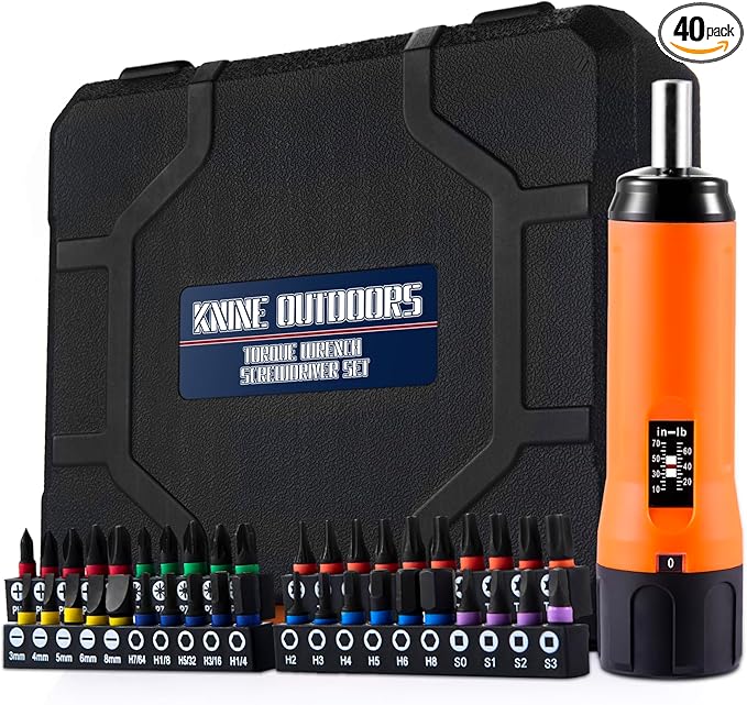 KNINE OUTDOORS Torque Screwdriver Wrench Driver Set 10-70 Inch Pounds lbs for Maintenance with T-bar Handle, 40 Hex Bits, 1/4" Socket, Shaft Extension, For Tools, Bike Repairing and Mounting (Orange)