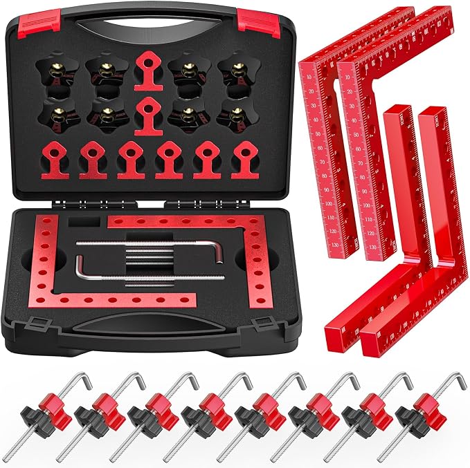 Corner Clamps for Woodworking, 4 Pcs 5.5" Aluminum Alloy 90° Right Angle Clamp Set, Precision L-Shaped Screws, Dual Scale Positioning Squares for Frames, Cabinets, Drawers & Boxes