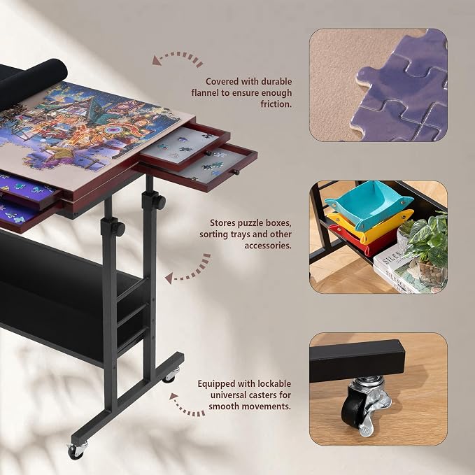 Tektalk 2000 Piece Foldable Puzzle Board with Height Adjustment, Jigsaw Puzzle Table with 2 Felt Cover & 8 Sorting Trays/Drawers, Puzzle Easel with Legs, Enclosed with 4 Roller Wheels - Black