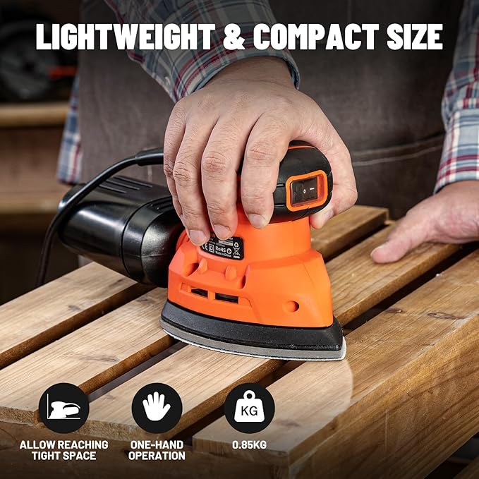 DOVAMAN 130W Detail Sander, 12000RPM Palm Sander Tool, Dust Collection System, 12PCS Sandpaper, Compact Hand Tool for Wood Steel Surfaces
