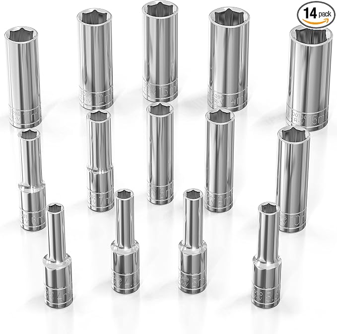 Olsa Tools 1/4-Inch Drive SAE Deep Socket Set - 14pc | 6-Point Chrome Vanadium Sockets, 4mm–15mm, No Skipped Sizes - Professional-Grade SAE Socket Sets - Part: 1327