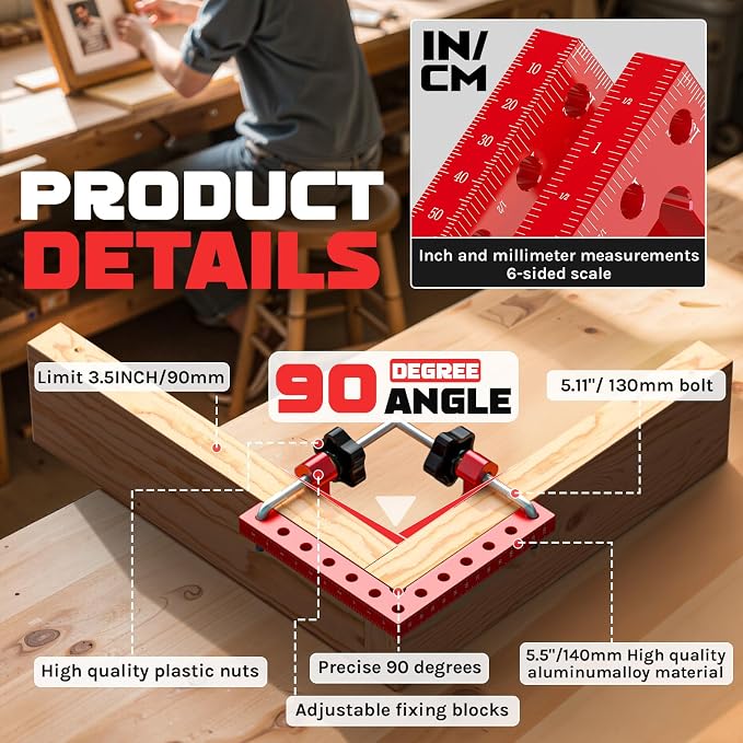 Corner Clamps for Woodworking, 4 Pcs 5.5" Aluminum Alloy 90° Right Angle Clamp Set, Precision L-Shaped Screws, Dual Scale Positioning Squares for Frames, Cabinets, Drawers & Boxes