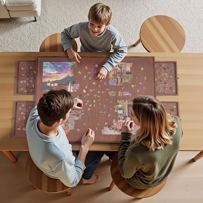 TEAKMAMA 27.6" H 1500Pcs Puzzle Table with Legs,4 Drawers for Adults,Brown | 34.3" W x 26.5" D Wood Folding Jigsaw Puzzle Board with Protective Cover