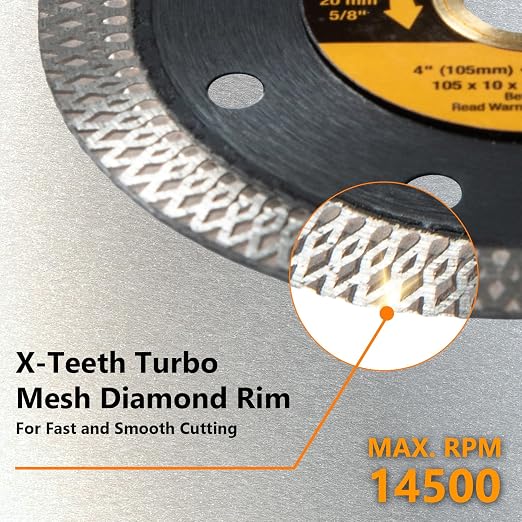 POWERTEC 4 Inch Diamond Saw Blades for Handheld Tile Saw & Angle Grinder 5 Pack, Super Thin Turbo Mesh Rim Blades for Cutting Porcelain, Granite & Ceramic Tile, 4" Diamond Blades