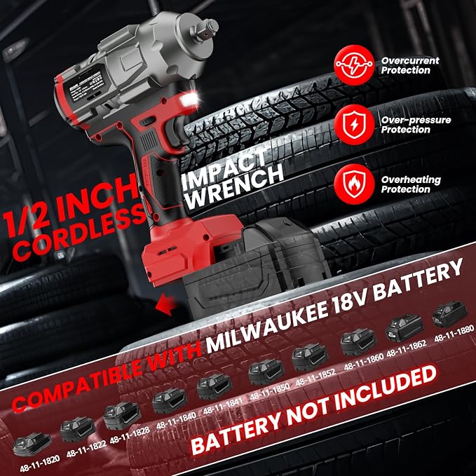 Cordless Impact Wrench 1/2 inch for Milwaukee Battery, Impact Wrench 1360N.m(950Ft-lbs) High Torque Brushless Electric Impact Gun, Power Impact Driver with 3-Mode Speed, LED Work Light(no battery)