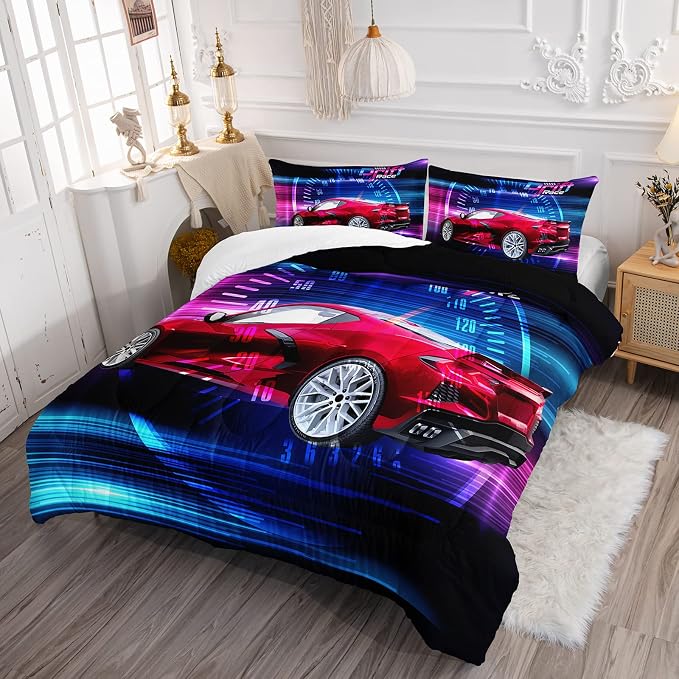Axolotl Race Car Bedding Set Queen Size,Boys Extreme Sports Comforter for Kids Boys Racing,Red Cool Car Comforter Car Sports Quilt 1 Comforter Set with 2 Pillowcases