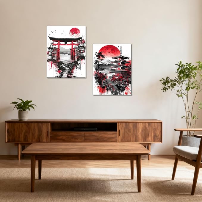 2Pcs Japanese Canvas Wall Art - Red Black Landscape Prints, Modern Minimalist Asian Oriental Decor, Ready to Hang,Framed