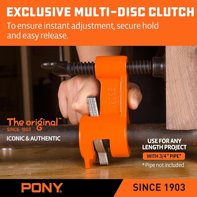 PONY Original Deep-Reach Pipe Clamp Fixture Set, 2 Pack 3/4″ Pipe Clamp Tools, 2.5″ Throat Depth, Reversible Spreader Heads, Multi-Disc Clutch for Woodworking, Carpentry, DIY
