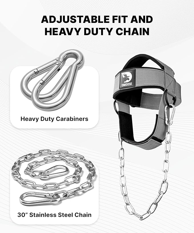 DMoose Fitness Neck Harness for Weight Lifting - Soft Padded Head & Chin Strap with 30" Heavy Duty Steel Chain - Neck Exerciser, Trainer & Strengthener to Support Injury Recovery and Intense Workouts