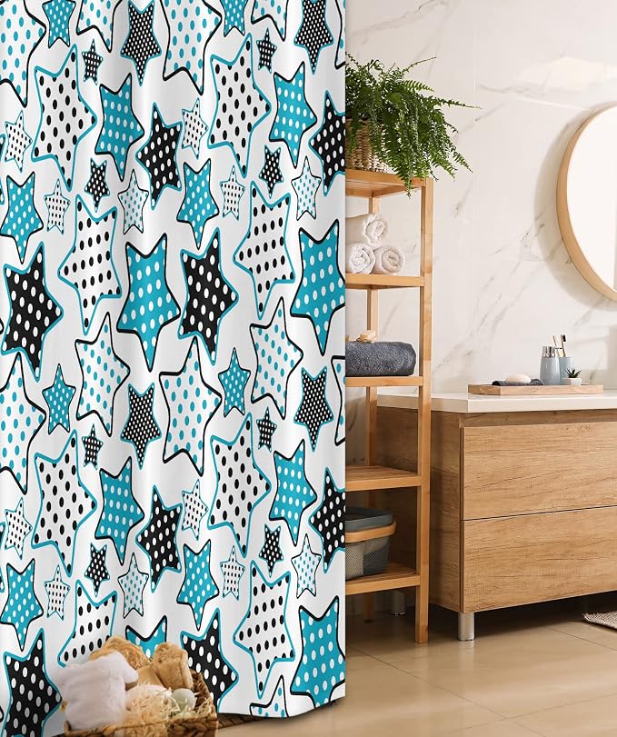 Ambesonne Cartoon Stall Shower Curtain, Stars Shapes Cartoon Illustration Geometry Cheer Celebration, Fabric Bathroom Decor Set with Hooks, 36" W x 72" L, Petrol Blue Black White